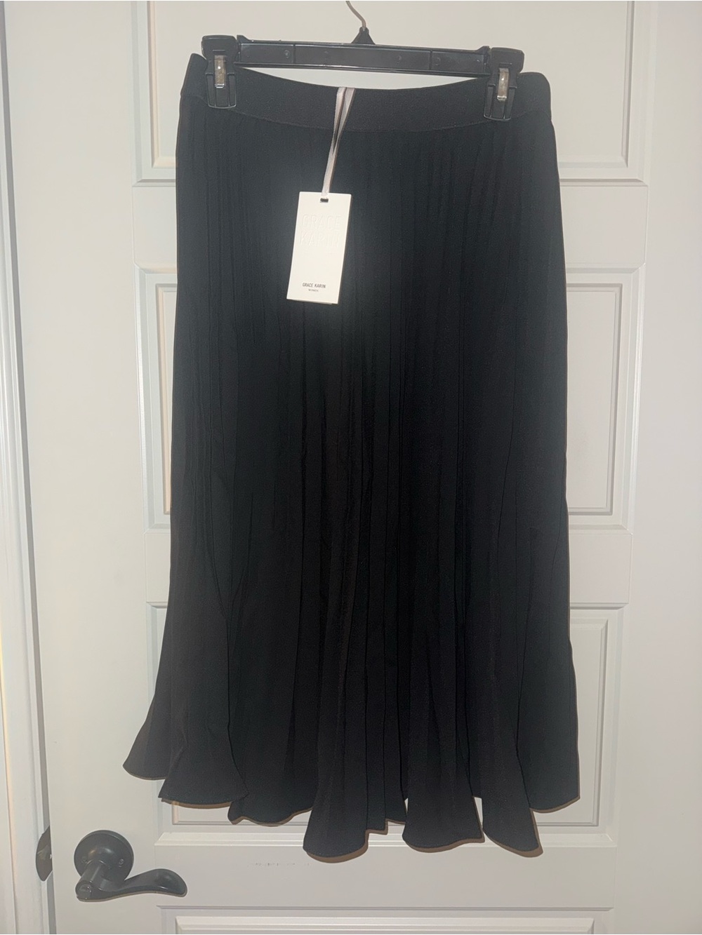 Grace Karin Black Pleated Midi Skirt with Subtle Ruffle Hem
